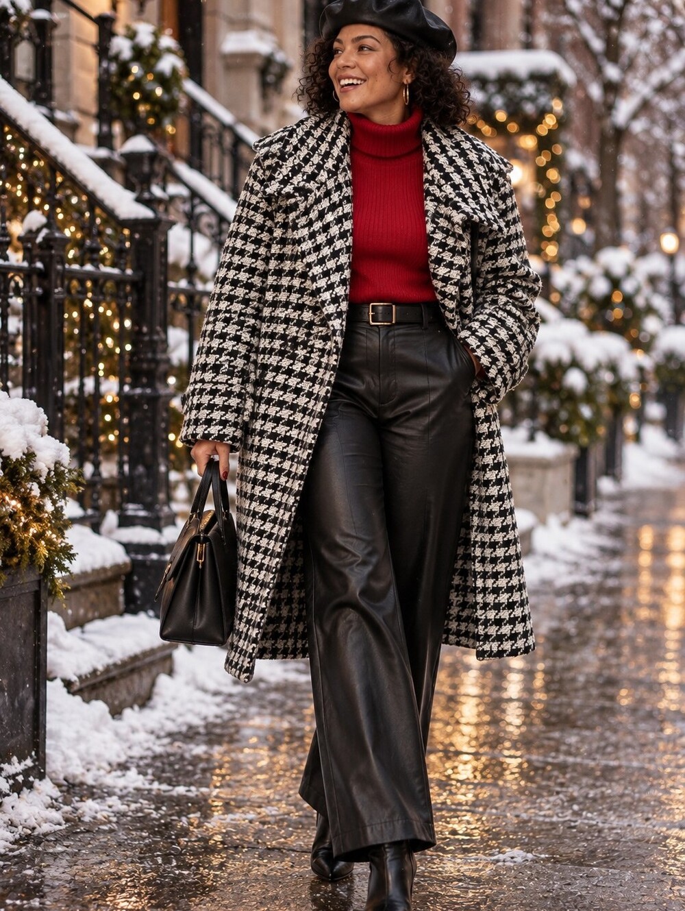 Ashley Stewart Black & White Houndstooth Pea Coat